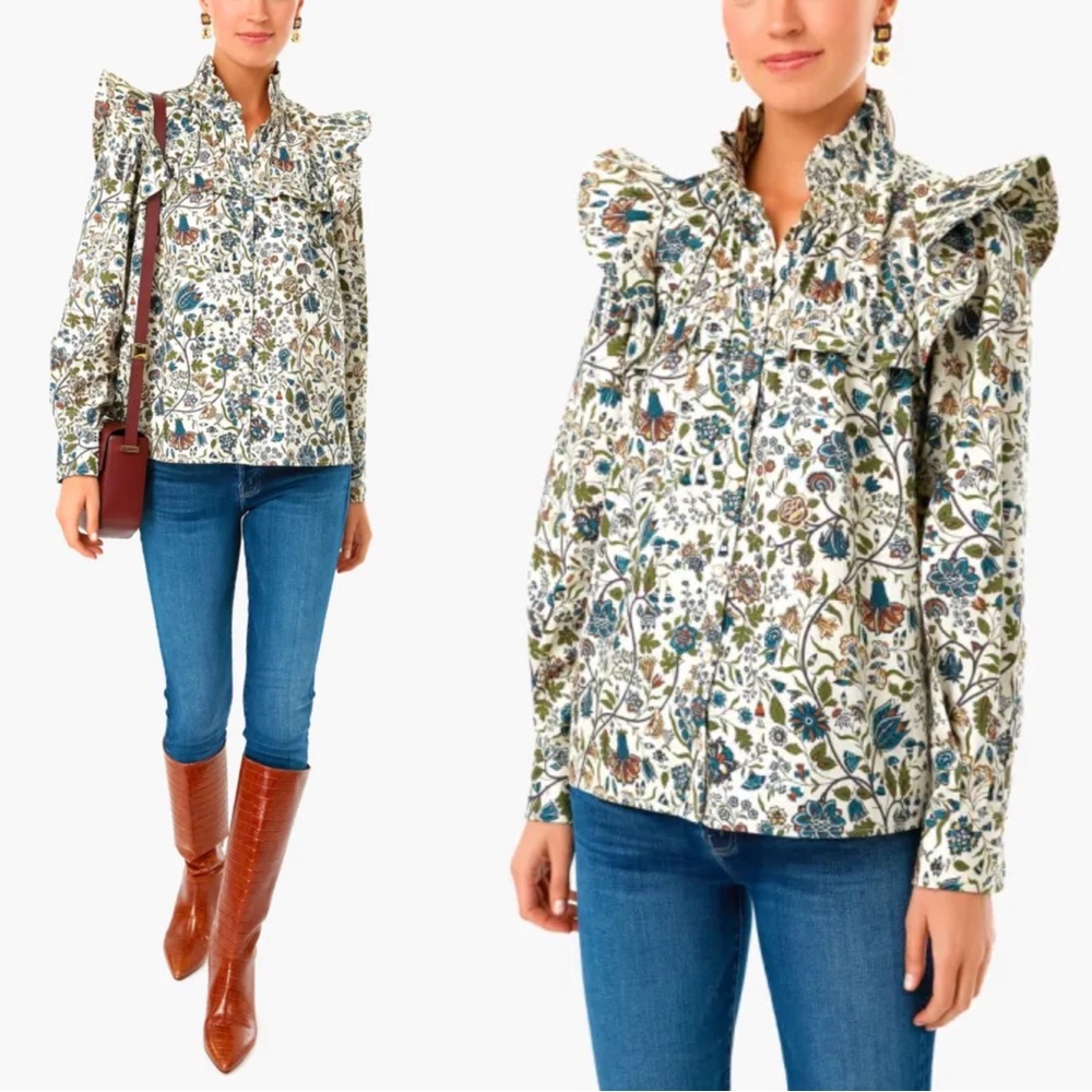TUCKERNUCK Wildwood Chintz Winnie Blouse Ecru Floral Ruffle Pearl Snap Shirt Top - Picture 6 of 17